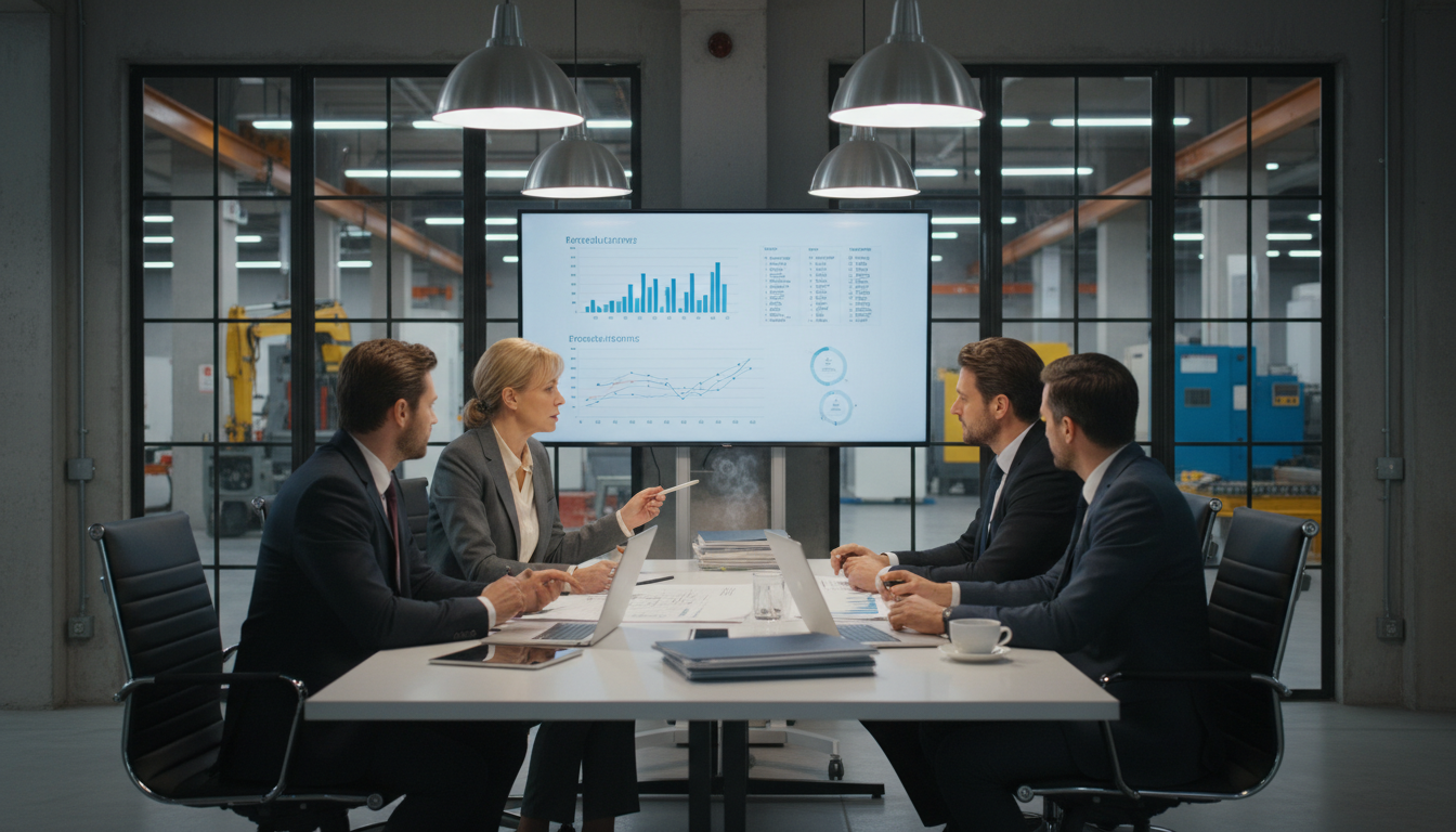 B2B manufacturing CEO in professional negotiation setting at industrial office