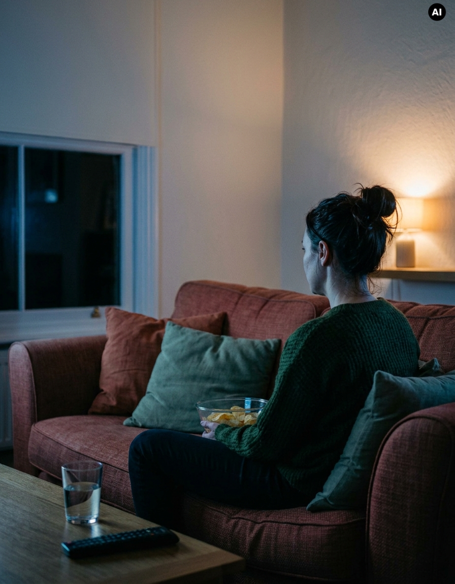 Frau sitzt spätabends allein auf dem Sofa im Licht des Fernsehers