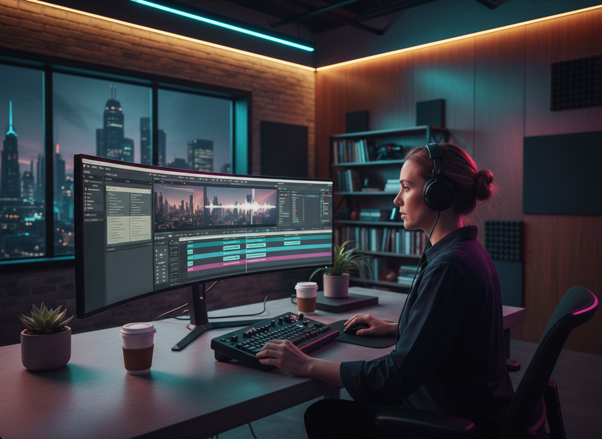 Professional video editor working on subtitles and translation in a modern creative studio