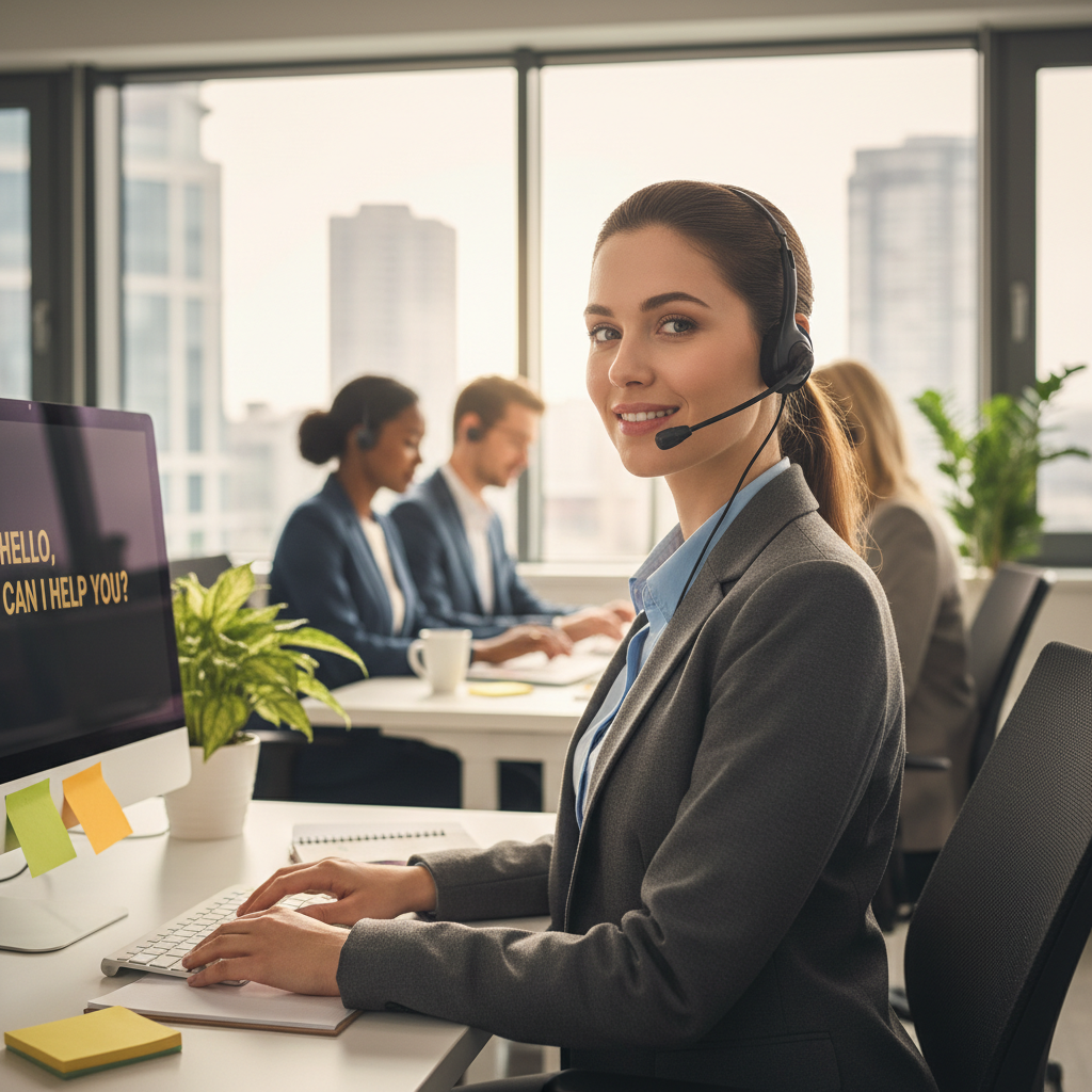 friendly customer service representative woman wearing a headset smiling in a professional office setting
