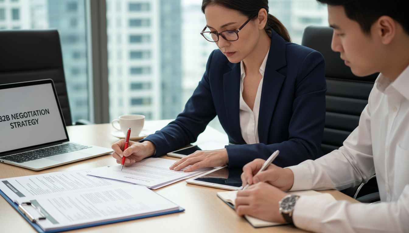 Professional business mentor analyzing commercial contract terms for B2B negotiation