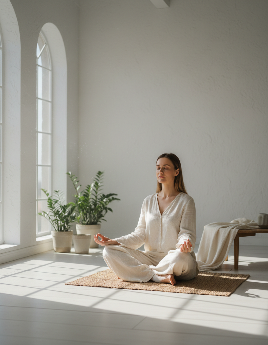 professional calm woman practicing nervous system regulation techniques in a serene office