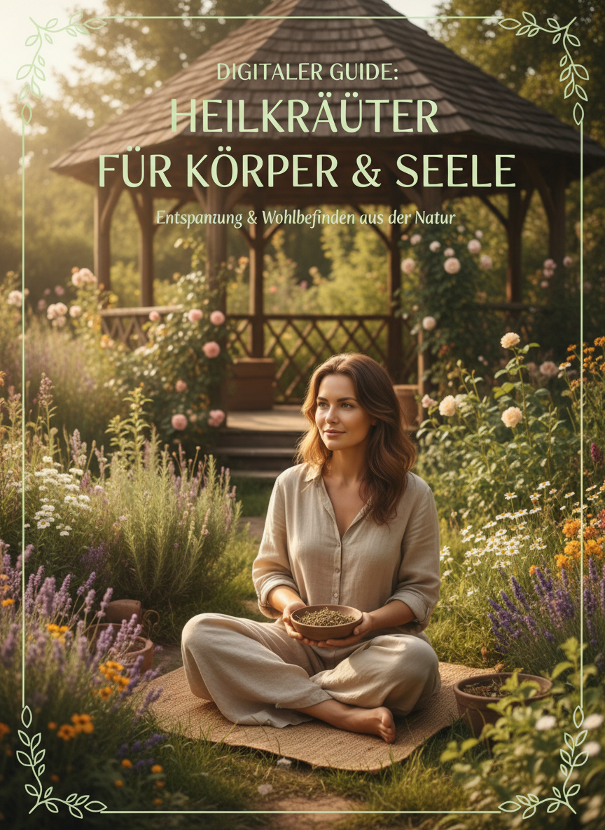 Digitaler Guide Cover zeigt eine entspannte Frau in einem Garten mit Heilkräutern