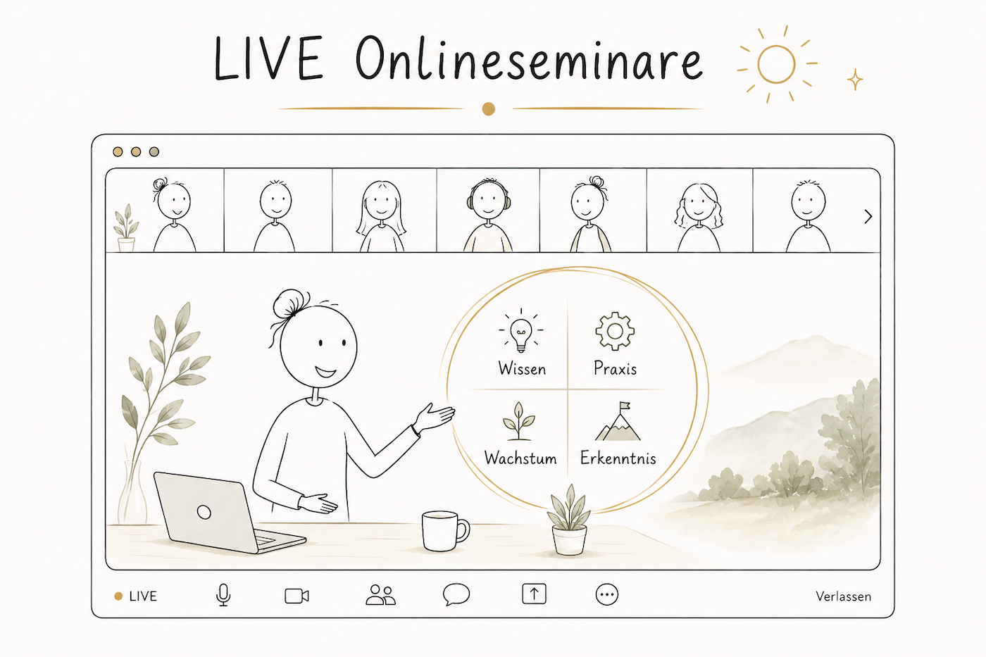 Eine gemütliche Szene einer Person, die online lernt, mit einem Laptop und einer Tasse Kaffee in einem warmen Café-Ambiente.