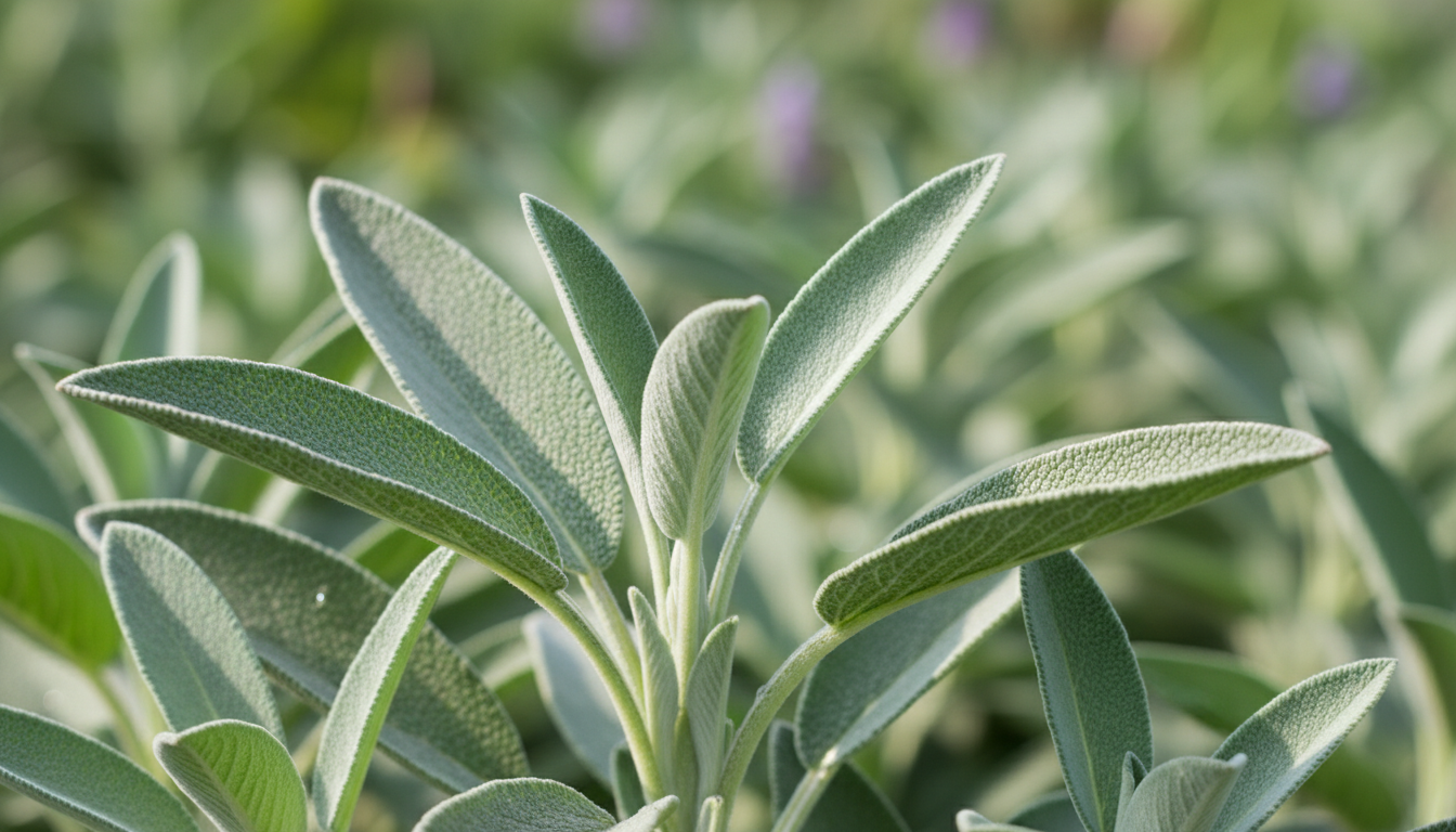 Salvia officinalis sage leaves close up