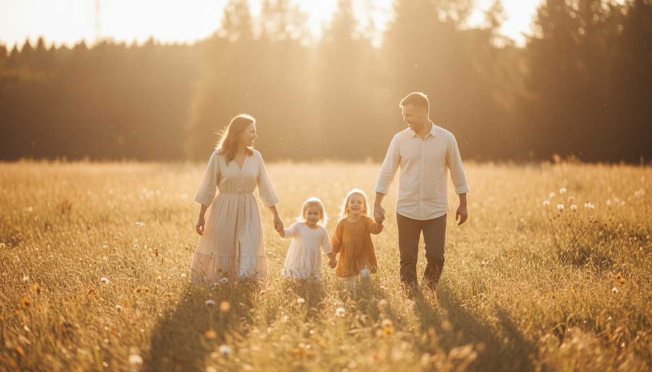 soft focus background of a happy family walking together in a sunlit meadow at golden hour