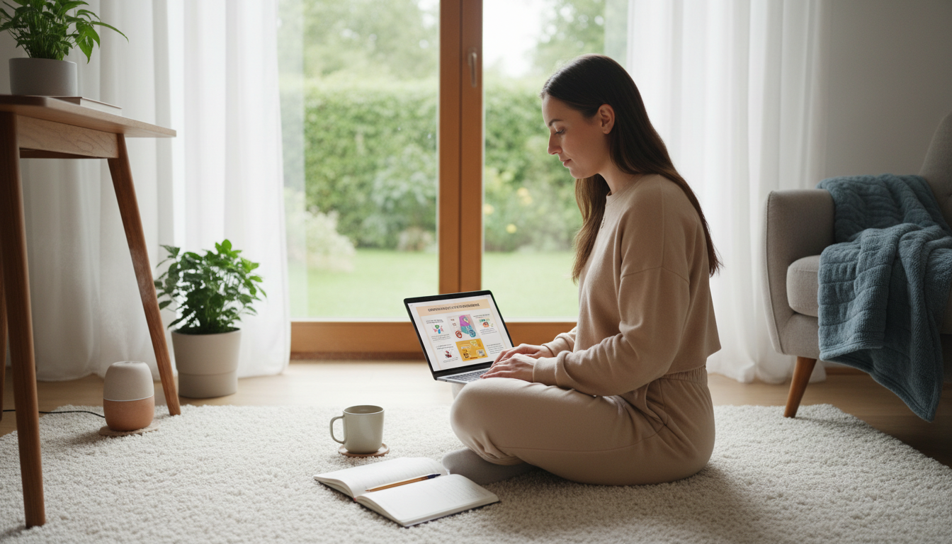 Online coaching student learning about nervous system regulation on a laptop in a calm environment