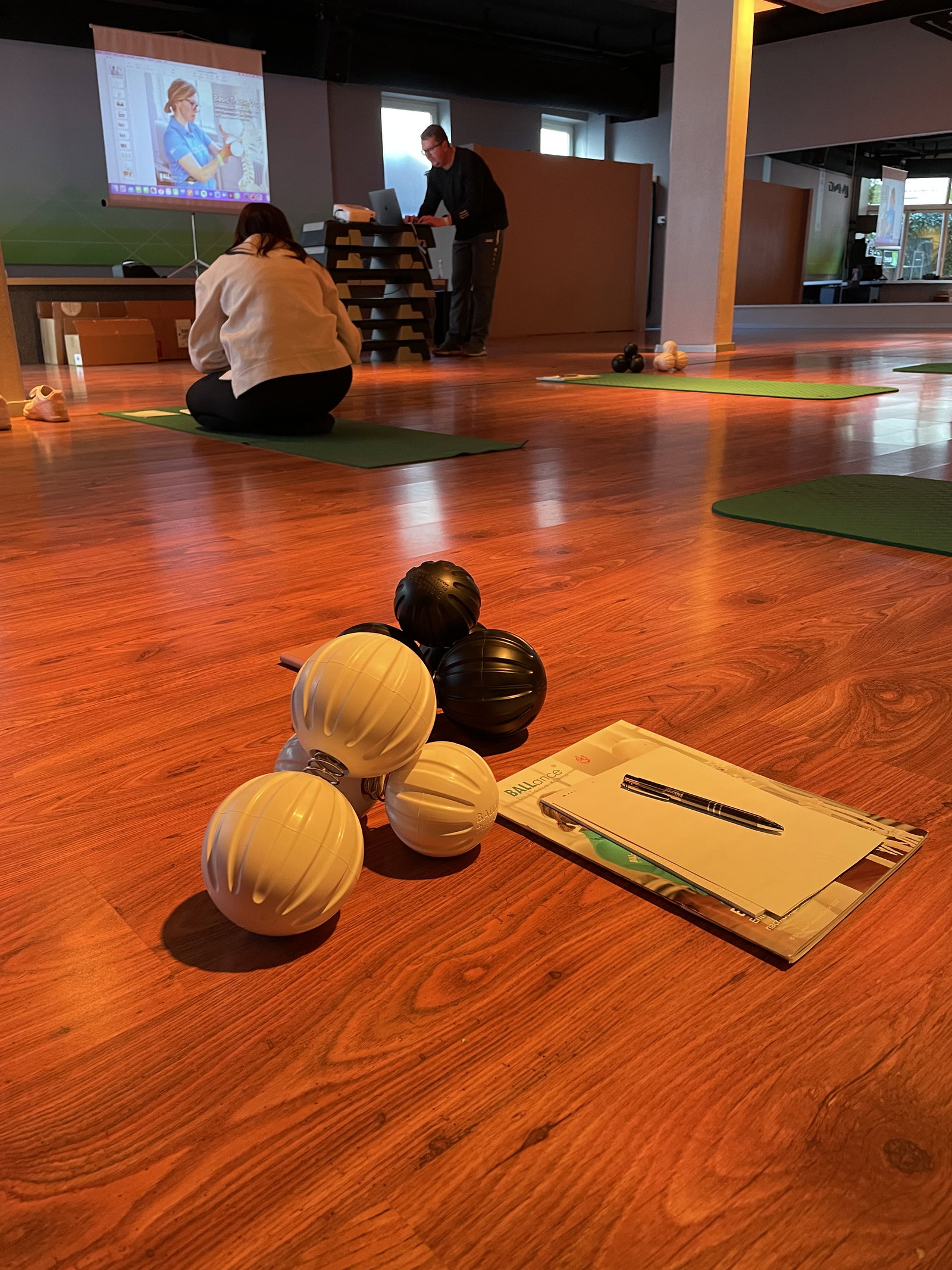 Nahaufnahme von BALLance Trainingsgeräten in einem modernen hellen Fitnessstudio