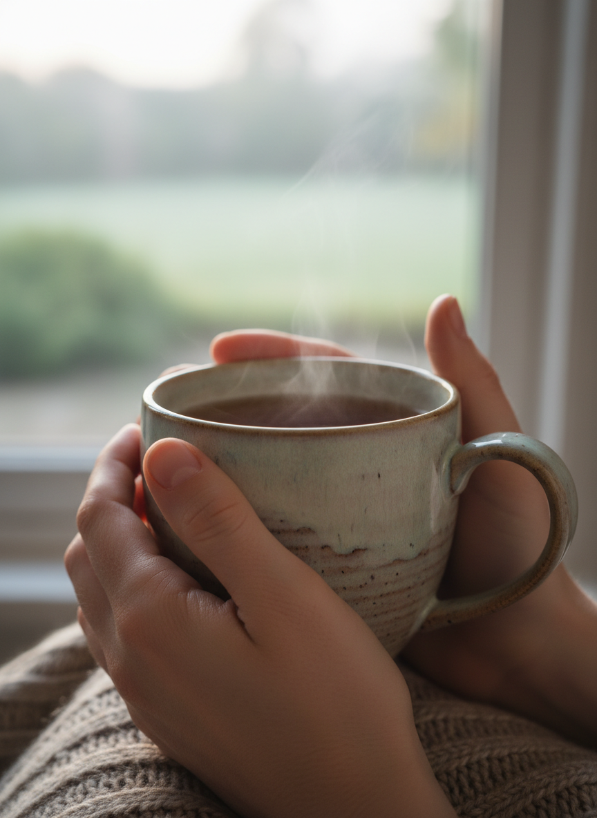 Nahaufnahme von Händen, die eine Tasse Tee halten, ruhige Atmosphäre