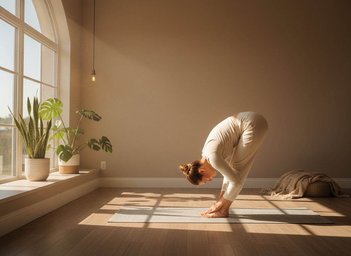 woman practicing gentle yoga in a sunlit room