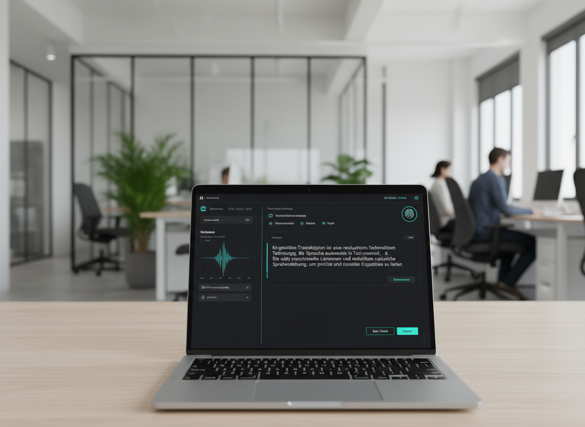 Moderner Arbeitsplatz mit Laptop zeigt Dashboard einer KI-Transkriptions-Software