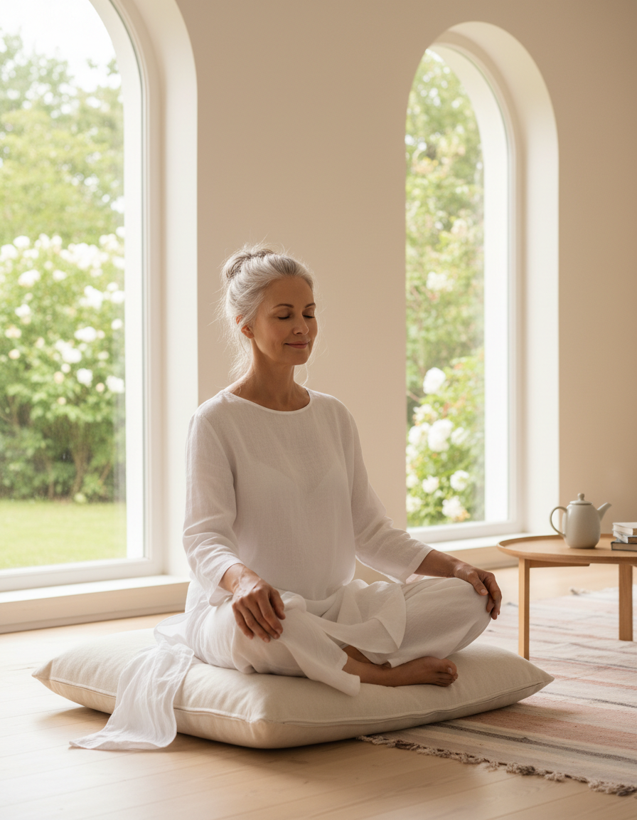 serene mature woman in white clothing sitting calmly in a bright room