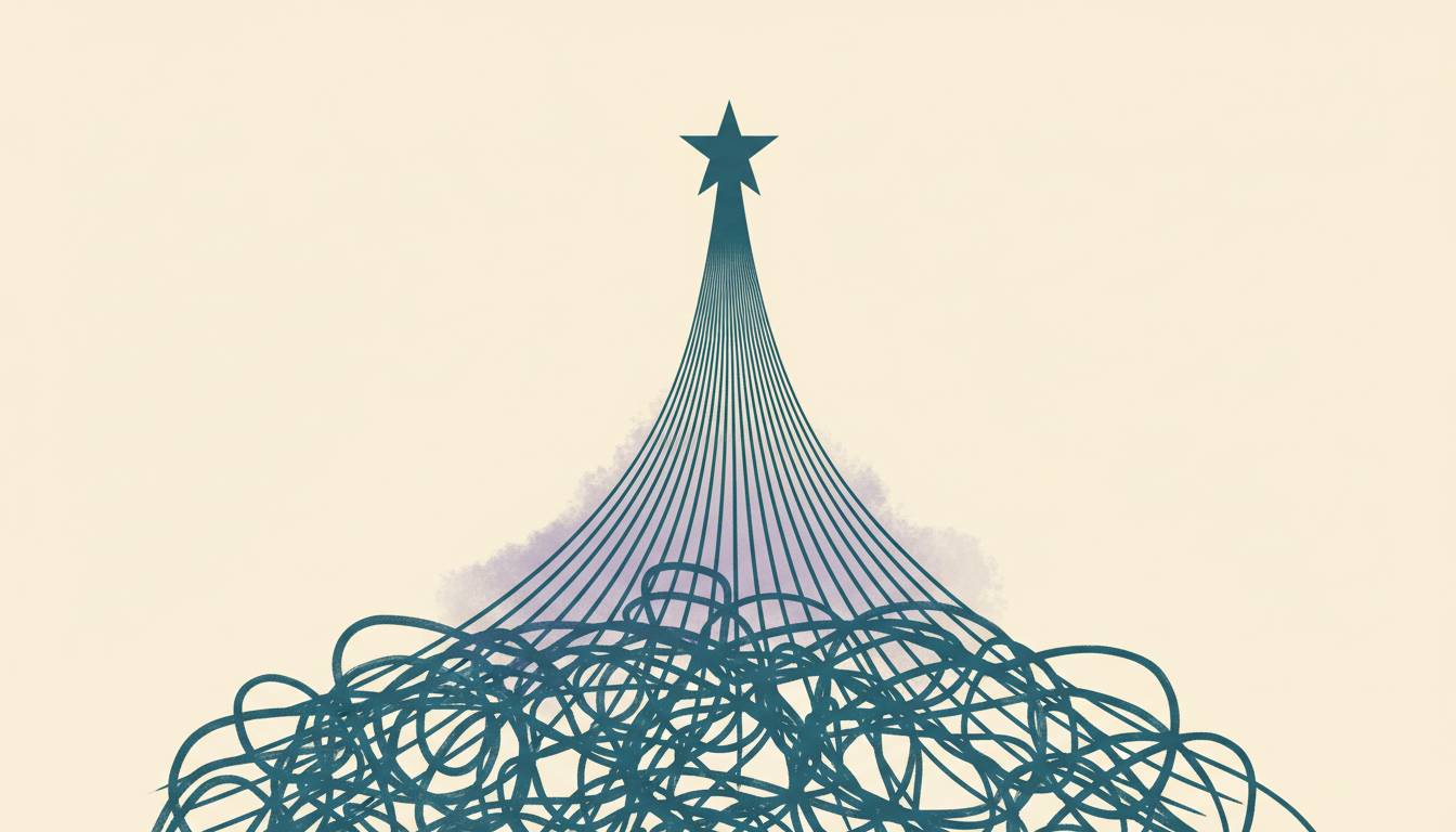 High-quality, minimalist editorial graphic, abstract lines in petrol color on a warm cream background merging from chaos into a clear bundle that points strongly towards a distinct, slightly larger violet star at the top center. The transition from chaos to order is smooth, featuring a soft violet transformation accent in the middle where petrol lines begin to align. No people, no arrows, no tech holograms, clean and sophisticated.