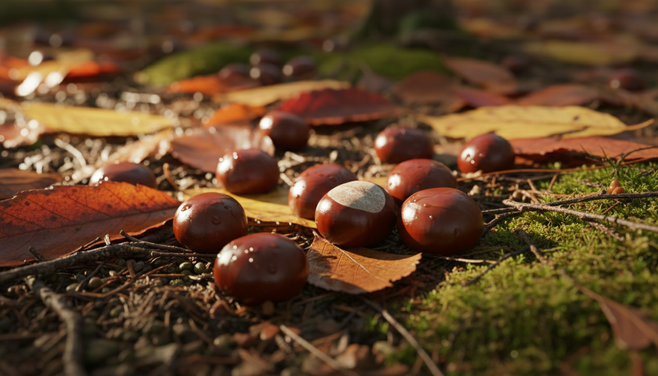 close up of shiny brown chestnuts lying on a forest floor among autumn leaves and moss, natural lighting, professional photography